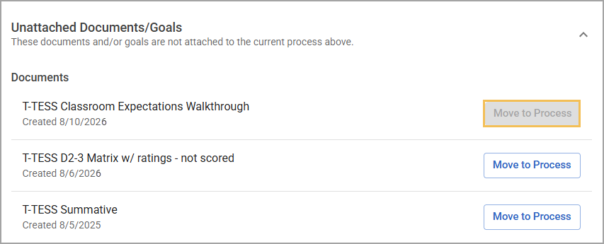 List of unattached documents with the option to move them to process grayed out.